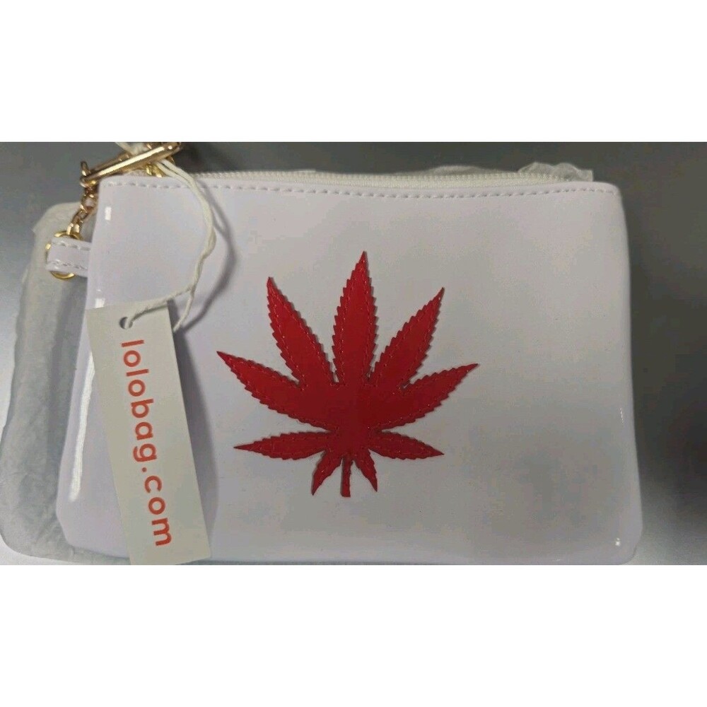 LOLO White Patent Wristlet Wallet — Red Leaf Design • Gold Hardware • NWT